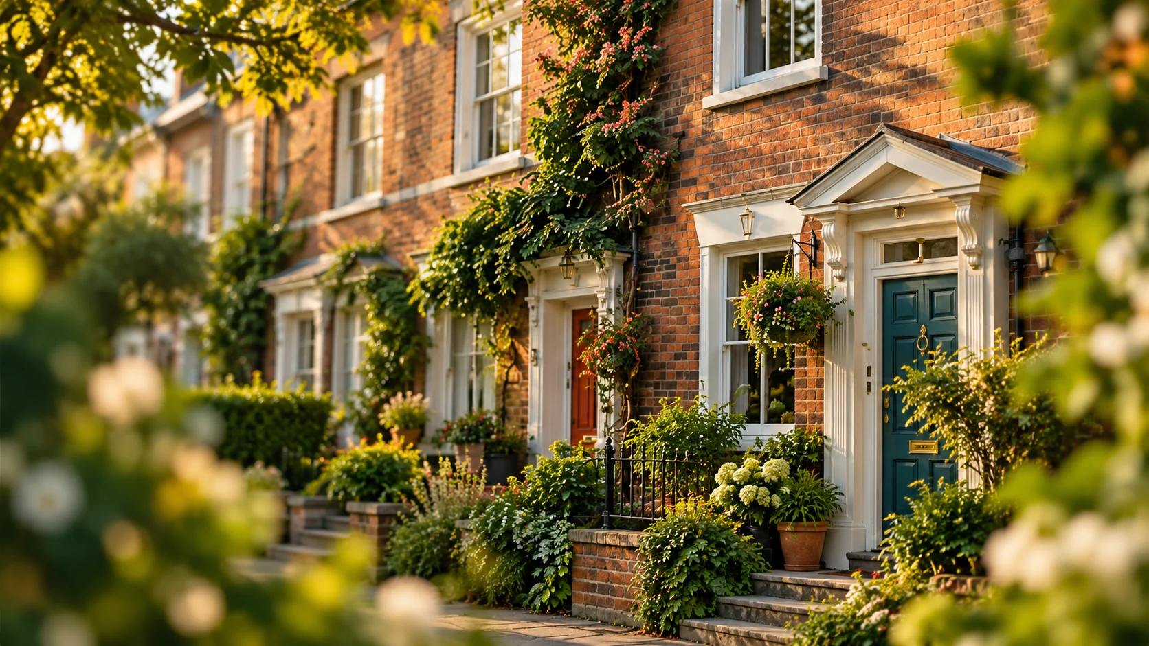 Leafy red-brick townhouses in warm afternoon light