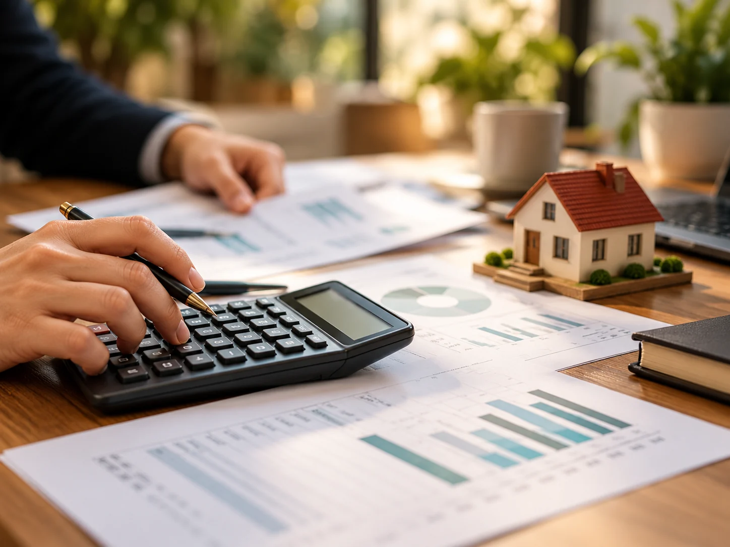 A house model, calculator and property investment paperwork