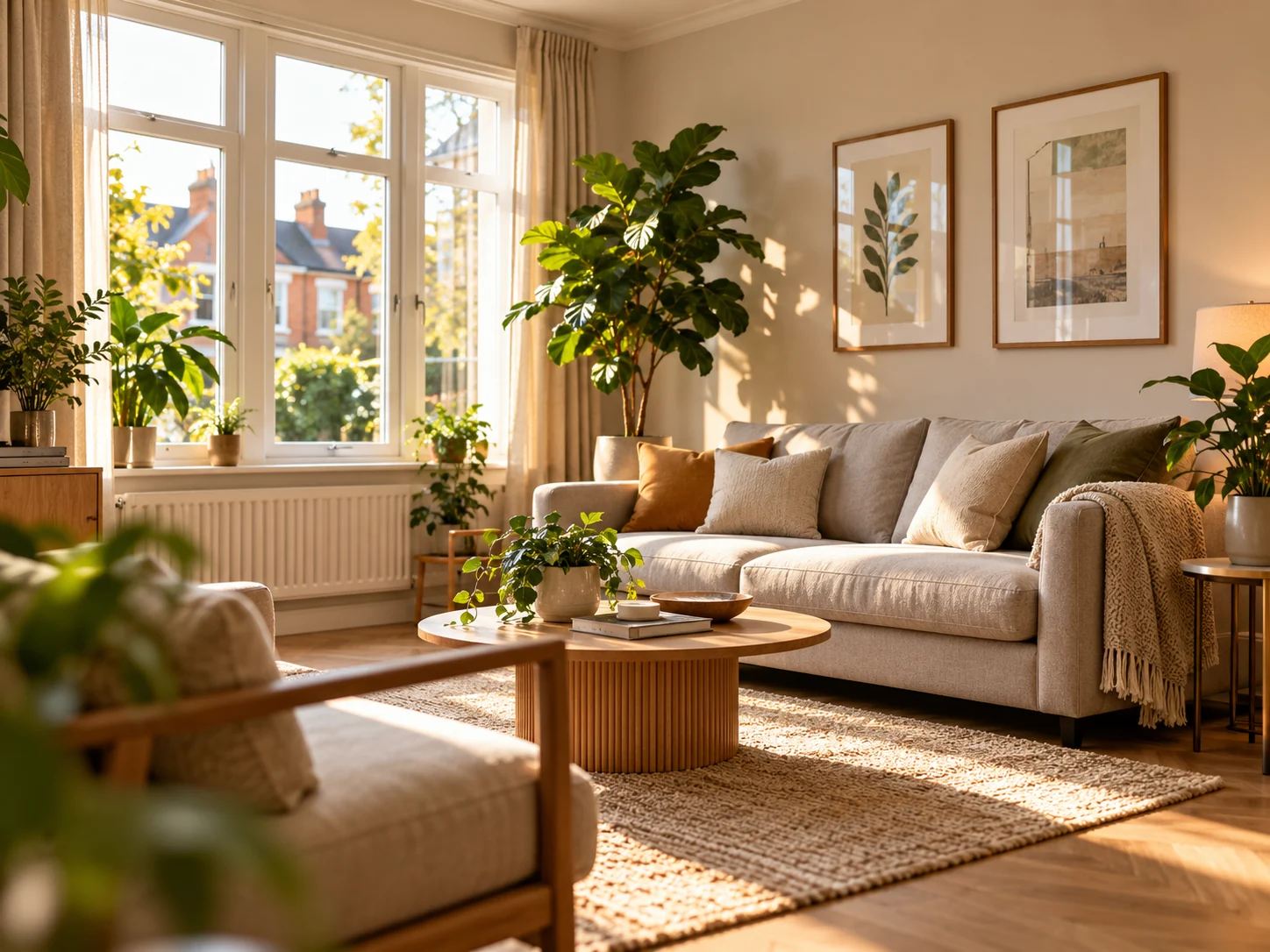 A bright, welcoming living room with a neutral sofa and greenery