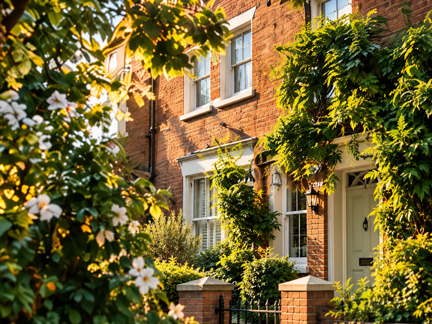 A leafy red-brick house with climbing greenery