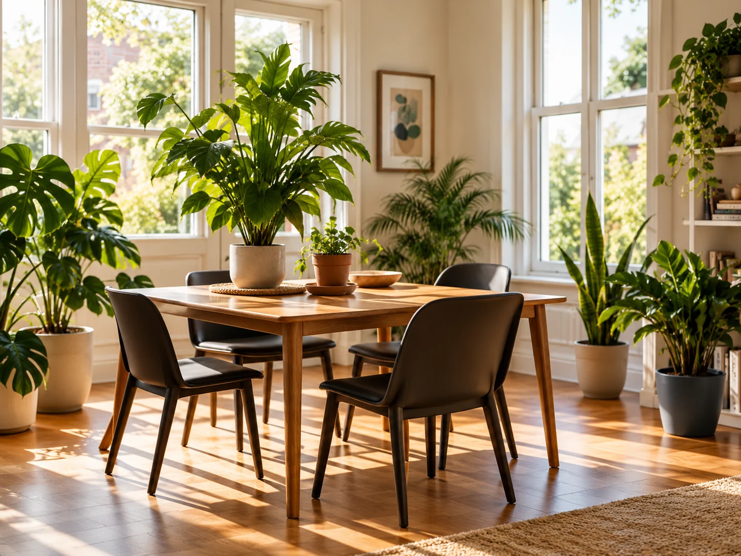Sunlight falling across a dining room filled with plants