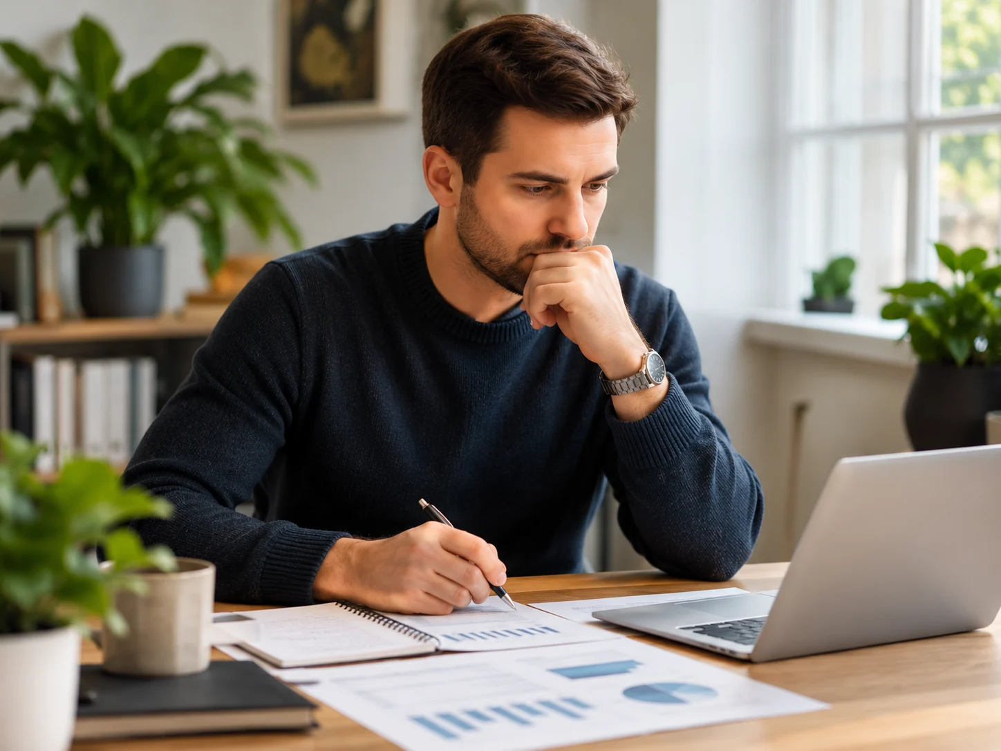 An investor considering paperwork at his desk