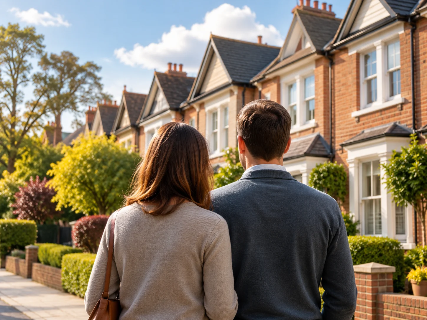 A couple viewing traditional British brick houses